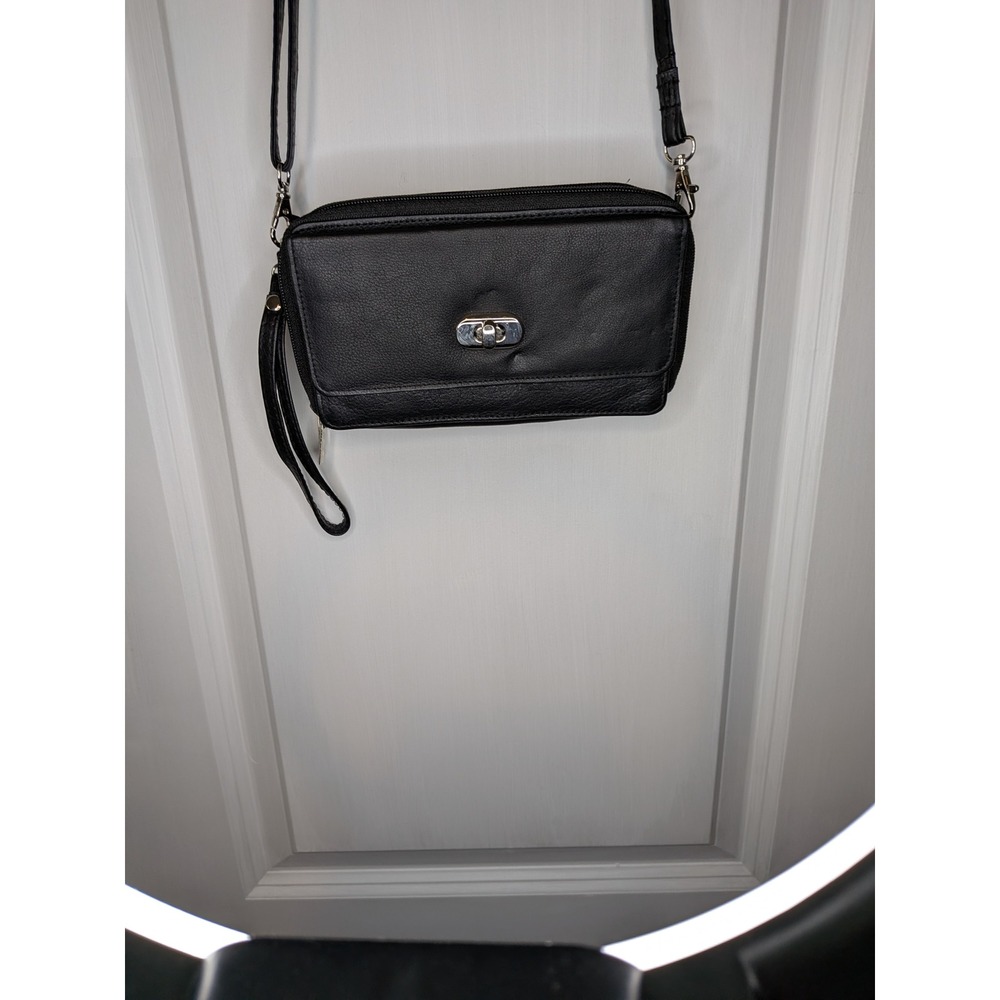 Bueno Black Genuine Leather Crossbody Wallet Wristlet Bag Silver Turn Lock